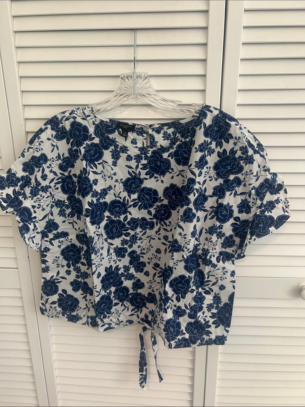 Talbots White Cotton Top with Navy Floral Print and Tie Hem